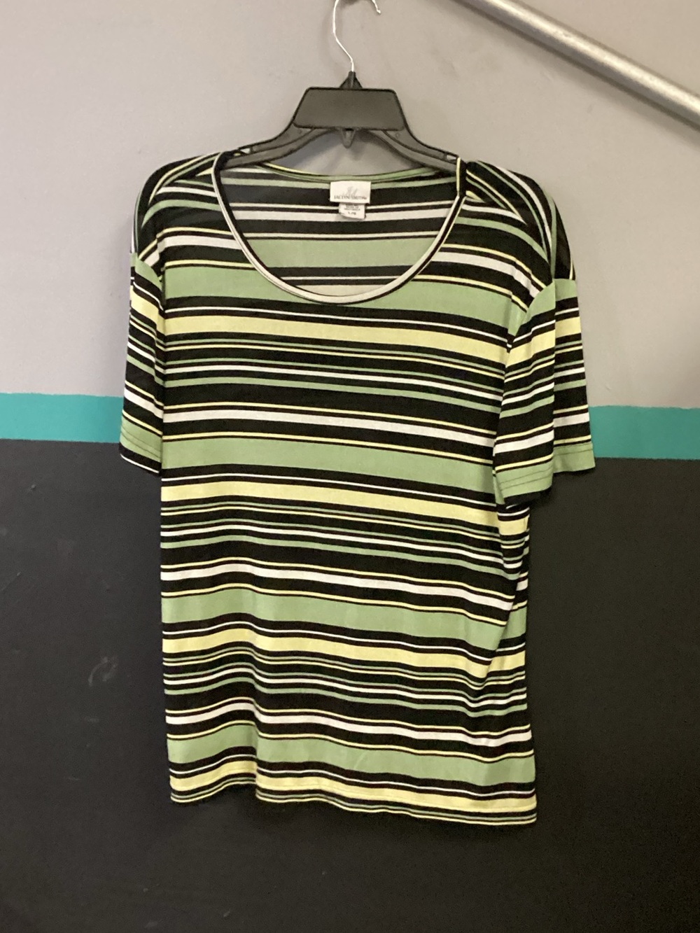 Jaclyn Smith Black and Light Green Striped Scoop Neck Tee
